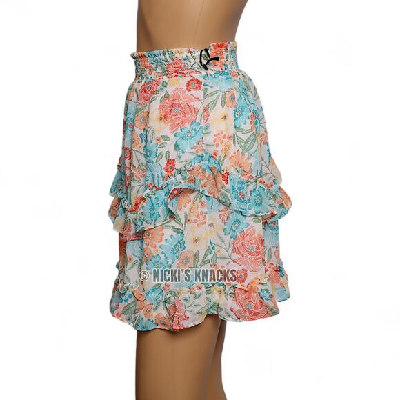 1. State Floral Chiffon Mini Skirt Ruffle Pull On High Waist Lined Size L - Picture 4 of 11